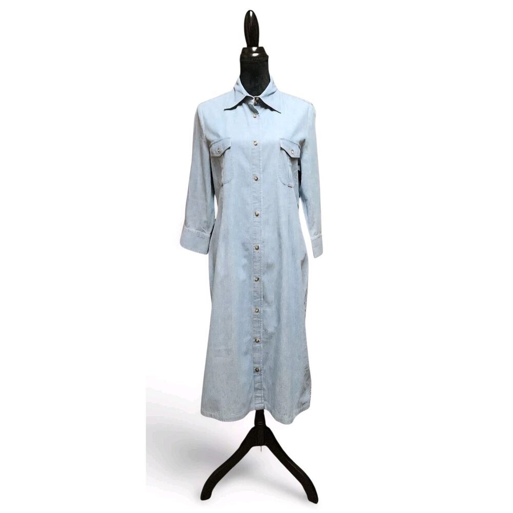 J Peterman Company Modest Size 12 Light Blue Cotton Button-Up Denim Shirt Dress - Picture 2 of 8